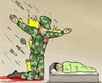 Soldier protecting sleeping child