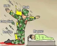 Soldier protecting sleeping child