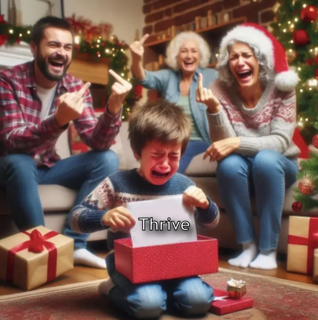 Family Laughing At Crying Child Opening Christmas Present