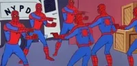 5 Spider-Mans pointing at each others