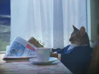 Cat reading newspaper