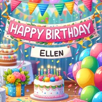 Happy Birthday Ellen on a banner with a party scene