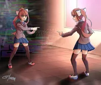 Monika pointing at Monika