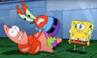 Mr Krabs choking Patrick and Spongebob on the side