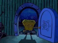 sad spongebob at door