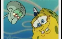 Spongebob and Squidward looking down on pizza