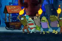 spongebob angry pitch forks mob