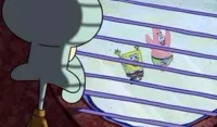 Squidward looking out of window at spongebob and patrick